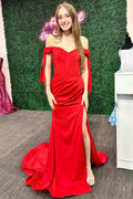 Pamela | Red Off-the-Shoulder Bow Sleeve Mermaid Long Prom Dress with Slit