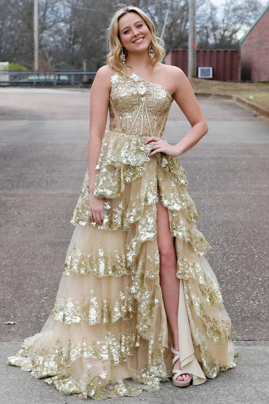 Livia |Sheath One Shoulder Tiered Lace Long Prom Dress
