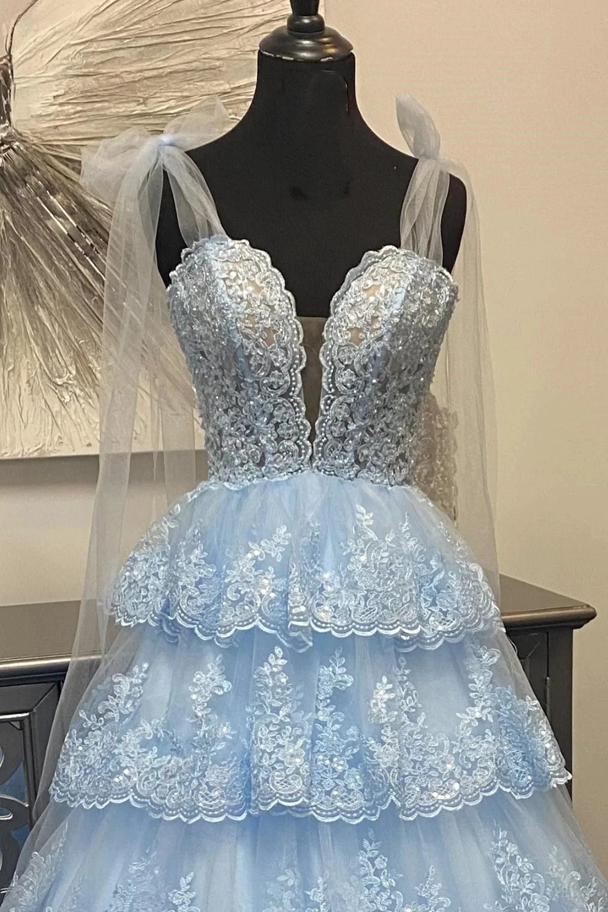 Thelma | Light Blue Tulle Appliques Tying Strap Ruffle Tiered Long Prom Dress