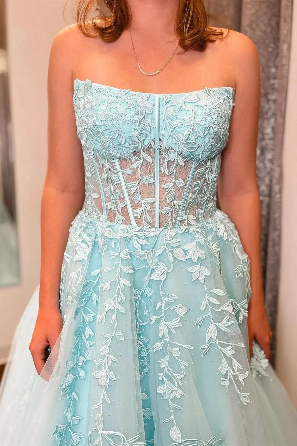 Nell | Aqua Blue Appliques Strapless A-Line Long Prom Dress