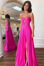 Hot Pink Strapless Keyhole Pleated A-Line Prom Dress