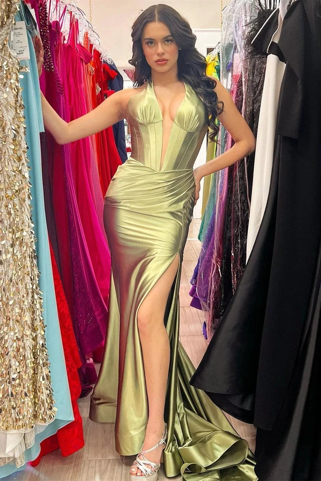 Josie | Navy Halter Corset Mermaid Plunging Deep V-neck Ruched Long Formal Dress with Slit