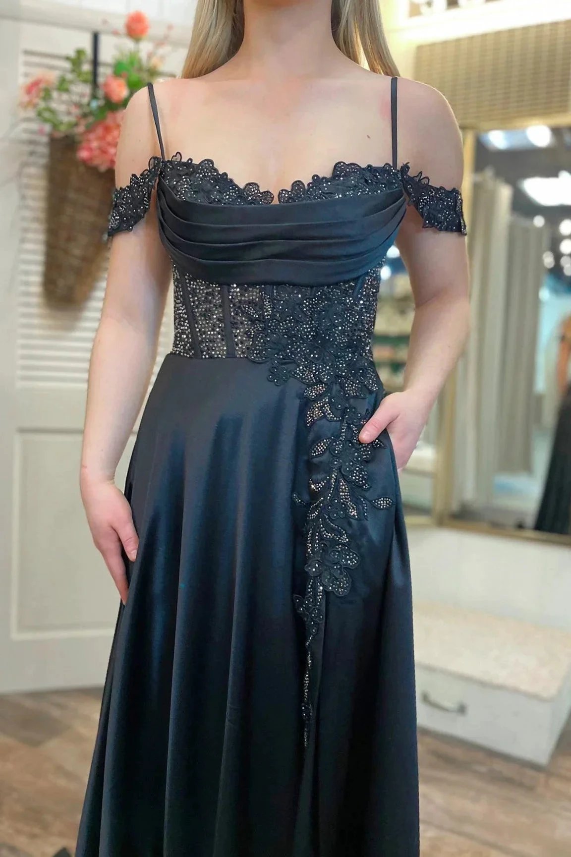 Cold-Shoulder Beaded A-Line Formal Dress with Slit
