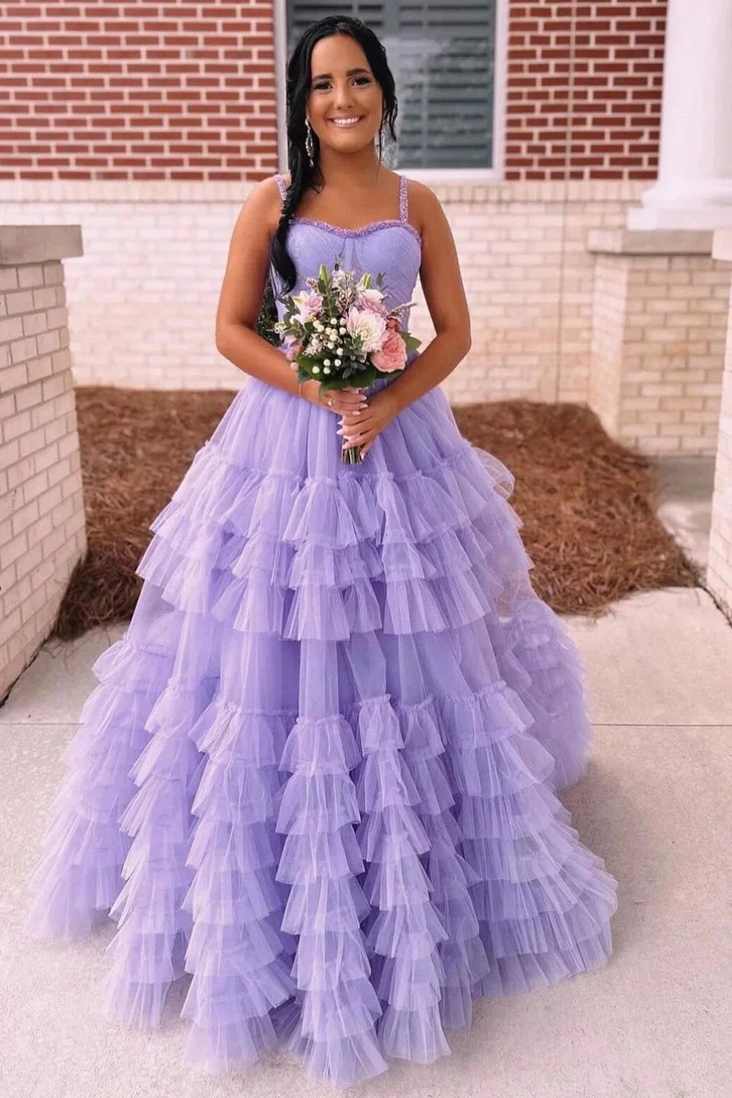 Tiered Ruffle Sweetheart Beaded Long Prom Dress