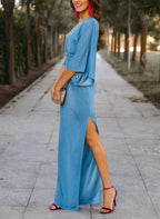 Sheath/Column V-Neck Half Sleeves Floor-Length Mother of the Bride Dresses with Split Front