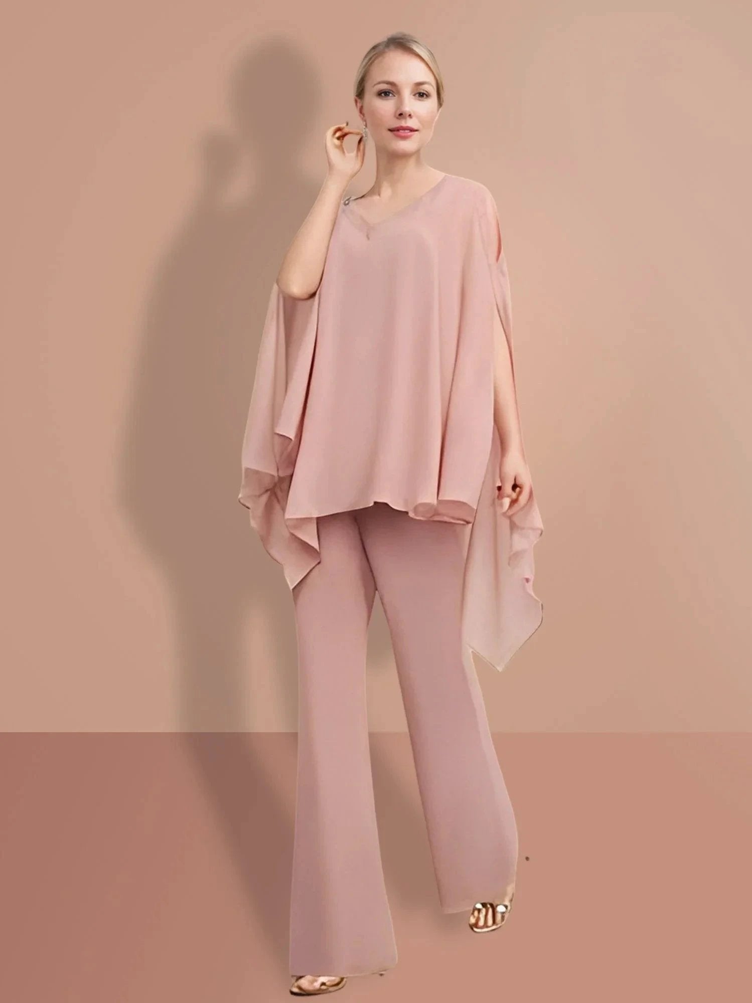 Chiffon half Sleeves V-Neck Mother of the Bride Pantsuits