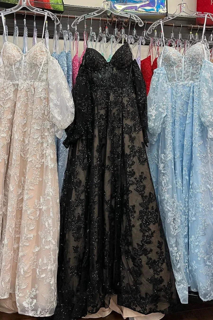 Sparkle Princess Bustier Puff Sleeve Lace Long Prom Dress Detachable Sleeves Evening Dress  Y1805