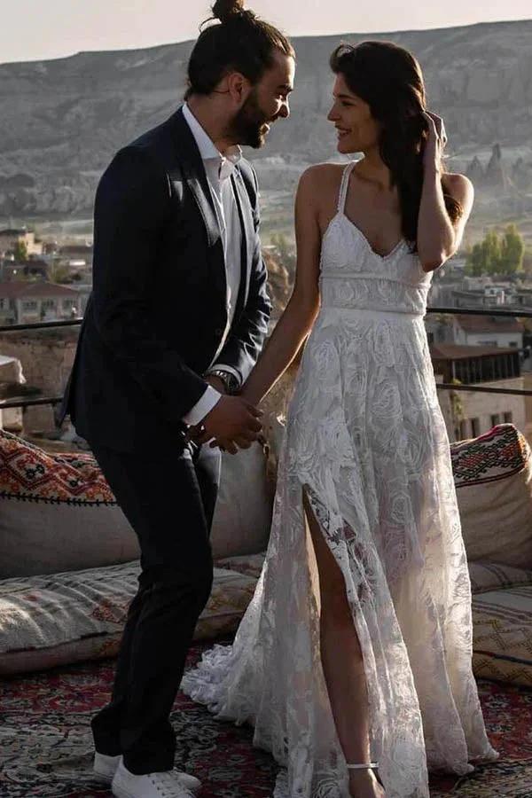 Charming Ivory Boho Lace Bohemian Long Beach Wedding Dresses Bridal Dress MW263