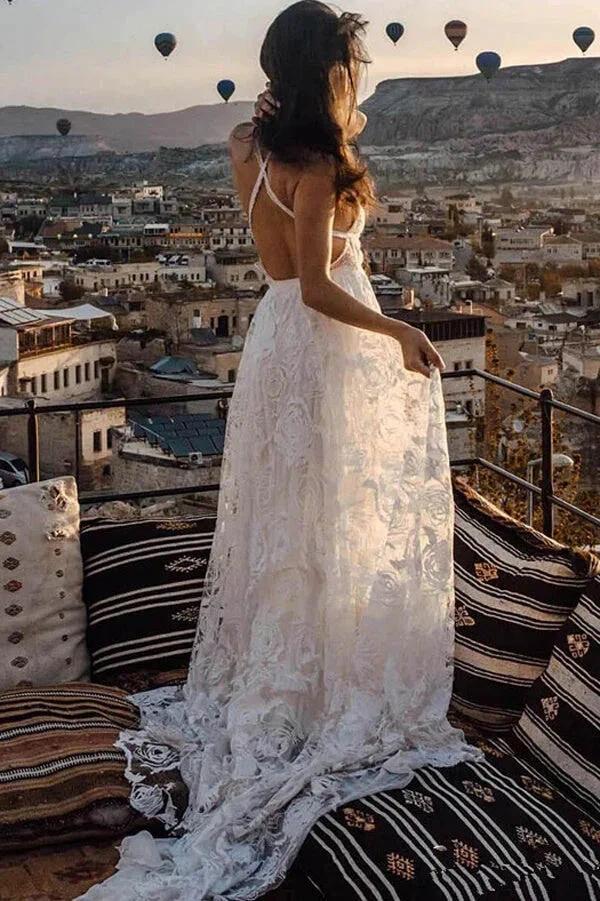 Charming Ivory Boho Lace Bohemian Long Beach Wedding Dresses Bridal Dress MW263