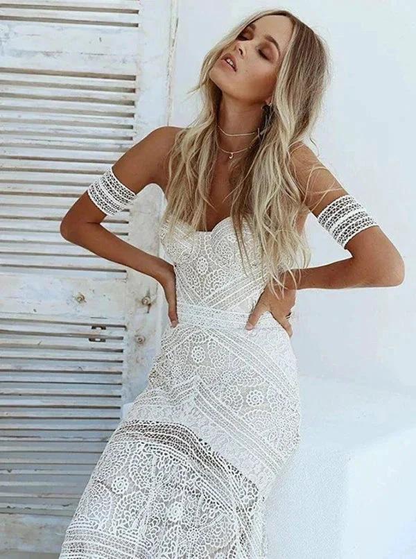 Sweetheart Neck Lace Beach Ivory Rustic Boho Wedding Dresses MW267