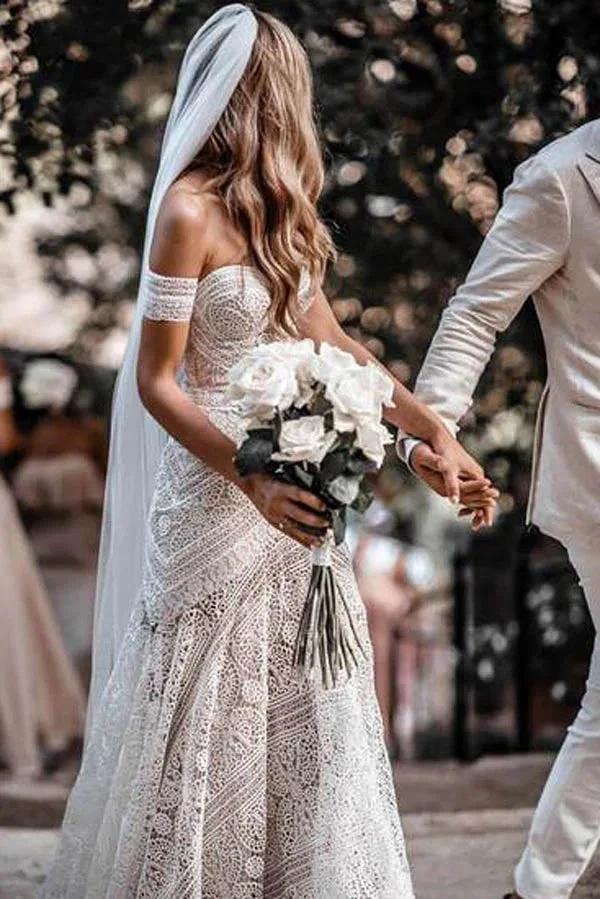 Sweetheart Neck Lace Beach Ivory Rustic Boho Wedding Dresses MW267