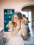 See Through Beaded Floral Lace Long Sleeve Boho Wedding Dresses MW269