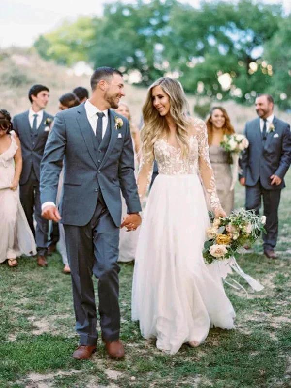 See Through Beaded Floral Lace Long Sleeve Boho Wedding Dresses MW269