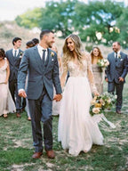 See Through Beaded Floral Lace Long Sleeve Boho Wedding Dresses MW269