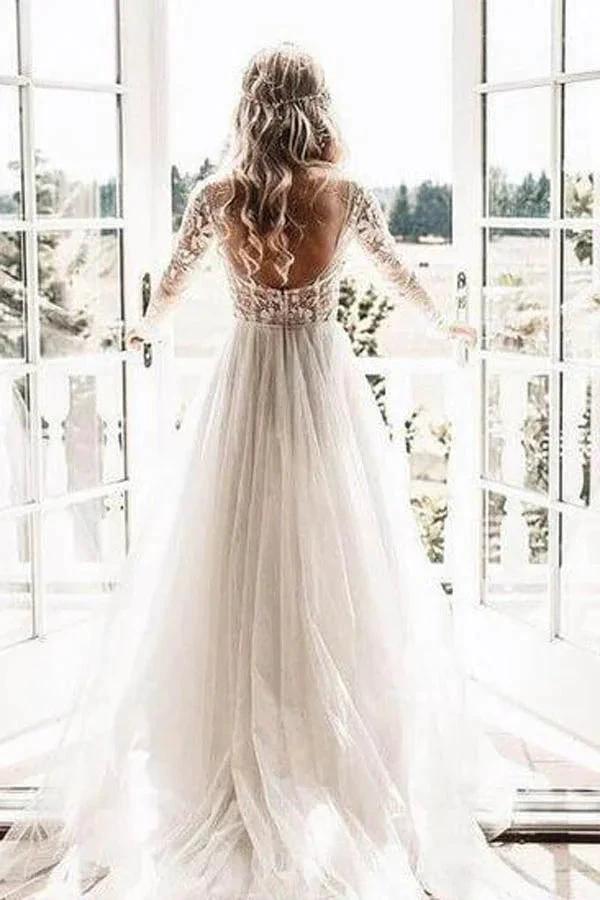 See Through Beaded Floral Lace Long Sleeve Boho Wedding Dresses MW269