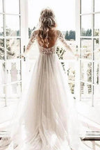 See Through Beaded Floral Lace Long Sleeve Boho Wedding Dresses MW269