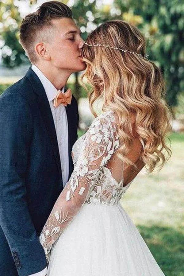 See Through Beaded Floral Lace Long Sleeve Boho Wedding Dresses MW269
