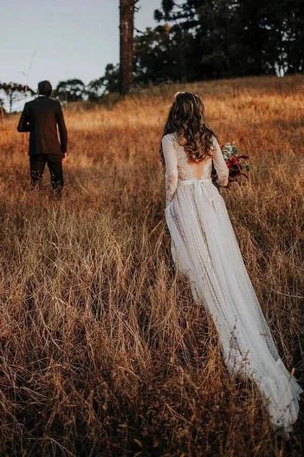 Lace Polka Dot Boho with Sleeves Bohemian Wedding Dress MW274