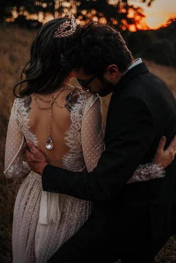 Lace Polka Dot Boho with Sleeves Bohemian Wedding Dress MW274