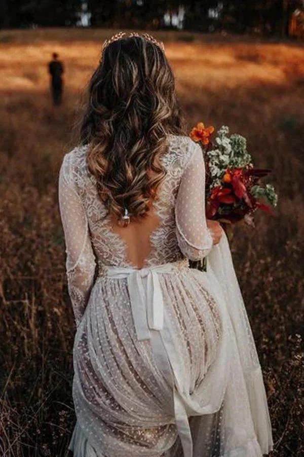 Lace Polka Dot Boho with Sleeves Bohemian Wedding Dress MW274