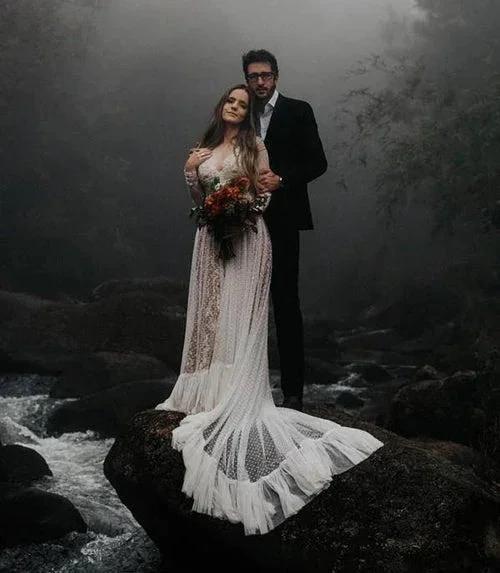 Lace Polka Dot Boho with Sleeves Bohemian Wedding Dress MW274