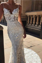 Spaghetti Strap Vintage Mermaid Lace Appliques Wedding Dress,MW288