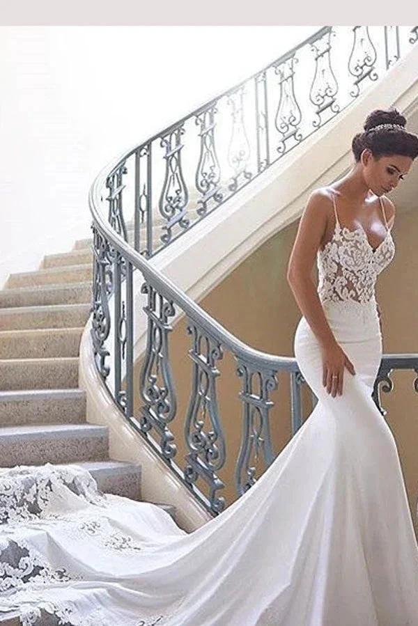 Glamorous Spaghetti-Straps Lace Wedding Dress Mermaid Bridal Gowns MW290