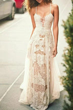 Cheap Spaghetti Straps Tulle Beach Wedding Dress Lace Appliques Bridal Dresses MW312