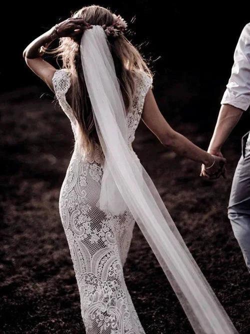 Cap Sleeve Sheath Boho Wedding Dresses Vintage Lace Rustic Wedding Dress MW314