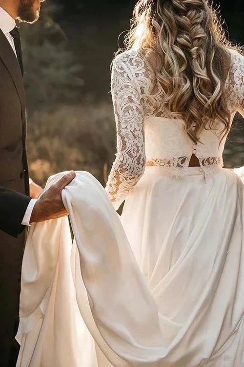 Two Piece Round Neck Lace White Chiffon Wedding Dress With Long Sleeves MW392