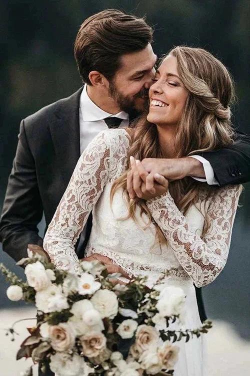 Two Piece Round Neck Lace White Chiffon Wedding Dress With Long Sleeves MW392