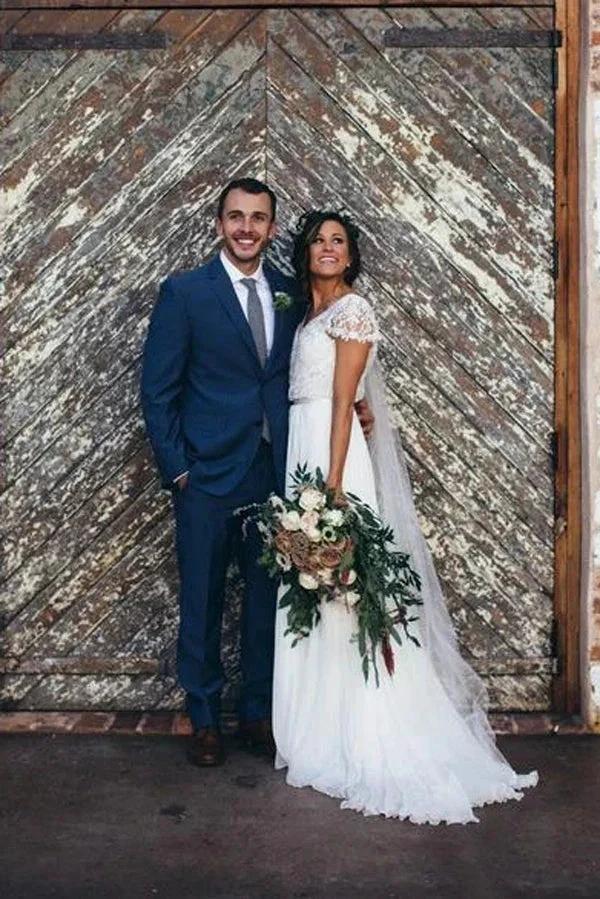 Sparkly Wedding Dresses Romantic A-line V-neck Beading Chiffon Bridal Gown,MW442