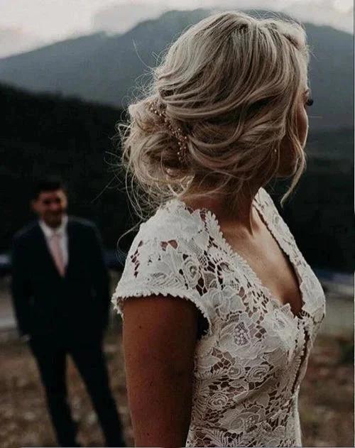Charming Mermaid Lace Ivory Cap Sleeves Wedding Dresses Bridal Dresses MW481
