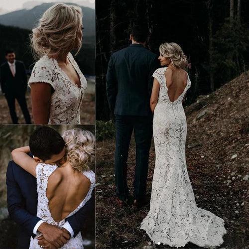 Charming Mermaid Lace Ivory Cap Sleeves Wedding Dresses Bridal Dresses MW481
