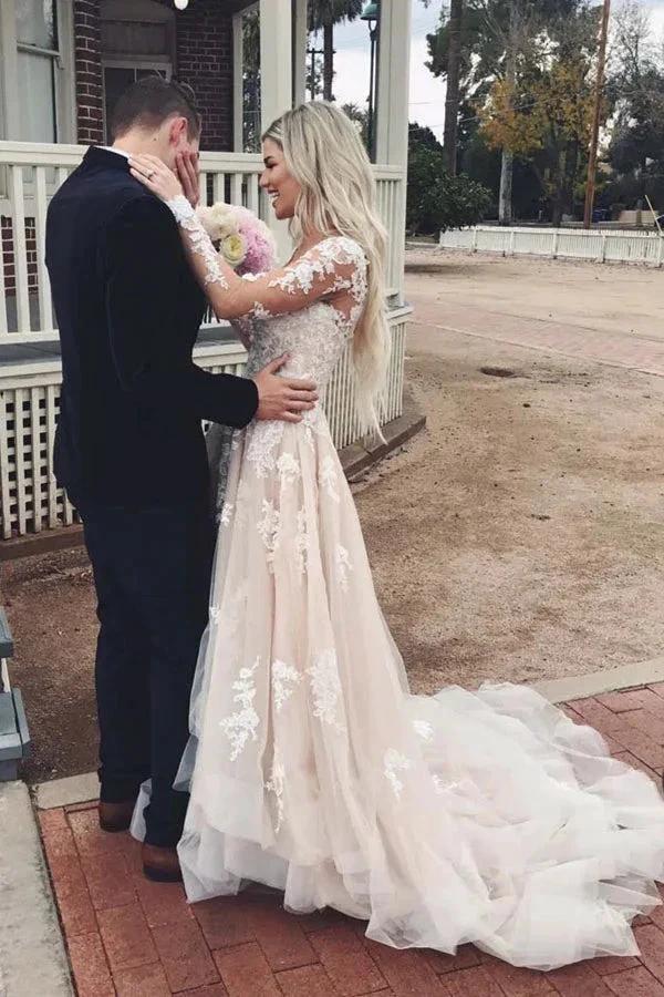Tulle A-line V-neck Long Sleeve Lace Wedding Dresses with Train Prom Dress MW483