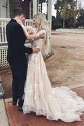 Tulle A-line V-neck Long Sleeve Lace Wedding Dresses with Train Prom Dress MW483
