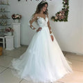 MYYBLE Illusion Scoop Long Sleeve Wedding Dresses Lace Appliques Sheer Back White/ Ivory Tulle Wedding Dress Lace Wedding Gowns
