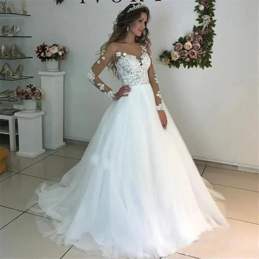 MYYBLE Illusion Scoop Long Sleeve Wedding Dresses Lace Appliques Sheer Back White/ Ivory Tulle Wedding Dress Lace Wedding Gowns