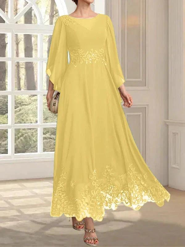 A-line Scoop Illusion Ankle-Length Lace Chiffon Mother of the Bride Dress With Sequins