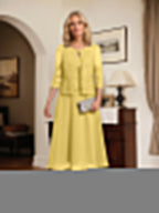 A-line Scoop Tea-Length Lace Chiffon Mother of the Bride Dress With Sequins