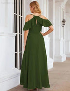Numbersea Chiffon Cold Shoulder Long Bridesmaid Dresses Plus Size Formal Prom Gowns for Women Party Wedding  SEA28070