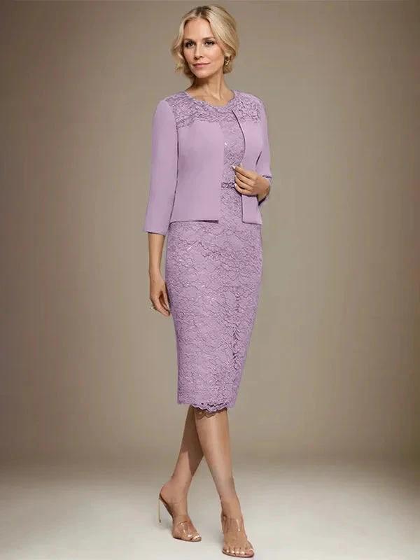 Sheath/Column Scoop Knee-Length Chiffon Lace Mother of the Bride Dress With Beading