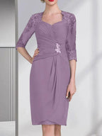 Sheath/Column Sweetheart Knee-Length Chiffon Mother of the Bride Dress With Beading Appliques Lace Sequins Pleated