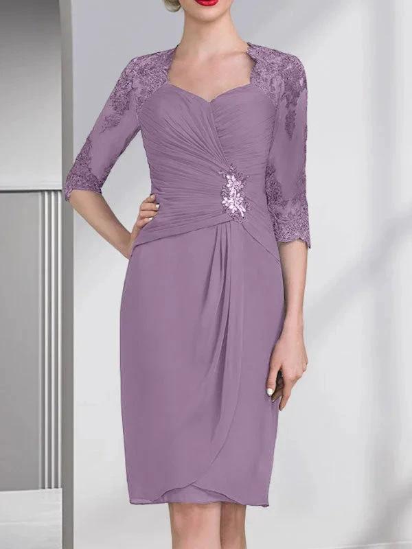 Sheath/Column Sweetheart Knee-Length Chiffon Mother of the Bride Dress With Beading Appliques Lace Sequins Pleated