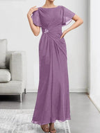 A-line Scoop Ankle-Length Chiffon Mother of the Bride Dress With Beading Pleated