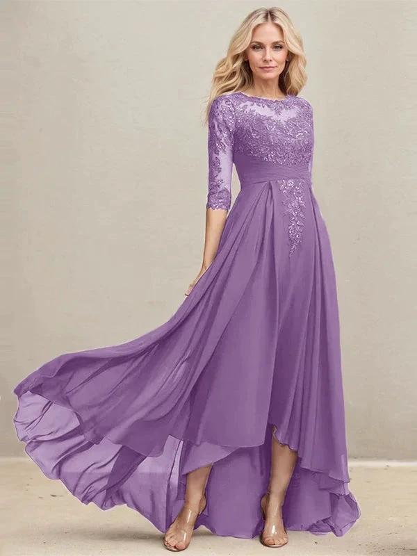 A-line Scoop Illusion Asymmetrical Lace Chiffon Mother of the Bride Dress With Pleated Sequins