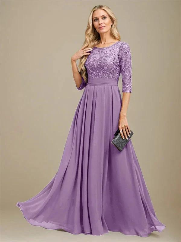 A-Line Scoop Floor-Length Lace Chiffon Mother Of the Bride Dress With Sequins Applique