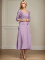 A-line Square Tea-Length Chiffon Lace Mother of the Bride Dress With Sequins Beading