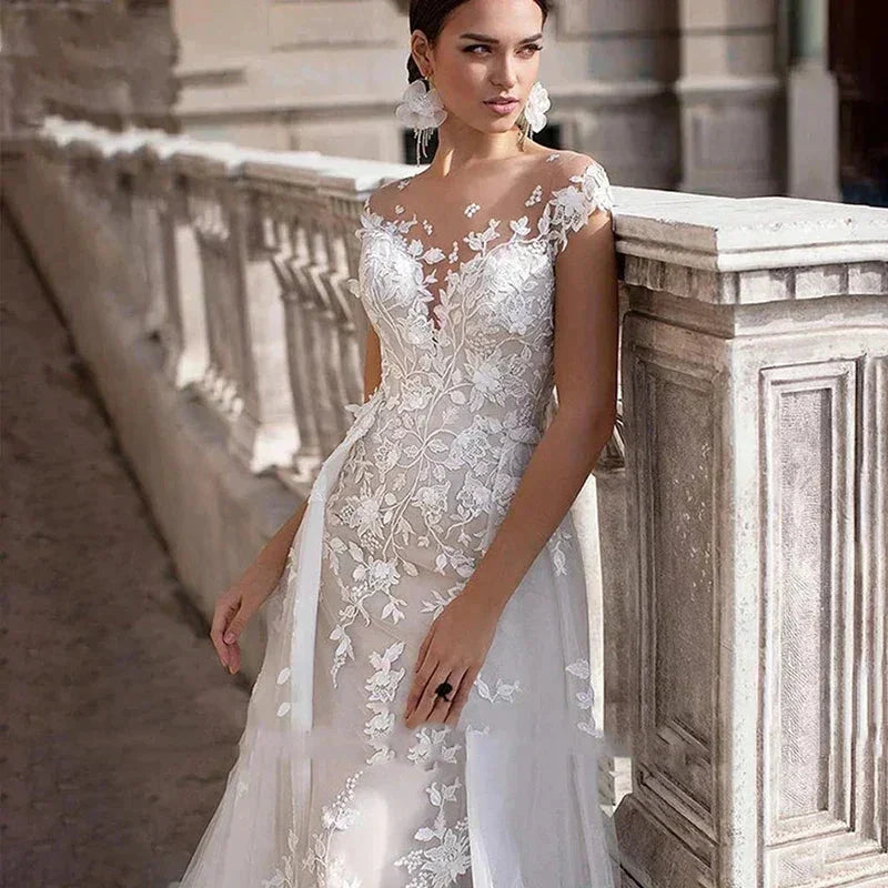 Mermaid 2 In 1 Wedding Dress Tulle Scoop Cap Sleeves Backless Lace Appliques Bridal Gowns With Detachable Train