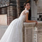 Mermaid 2 In 1 Wedding Dress Tulle Scoop Cap Sleeves Backless Lace Appliques Bridal Gowns With Detachable Train